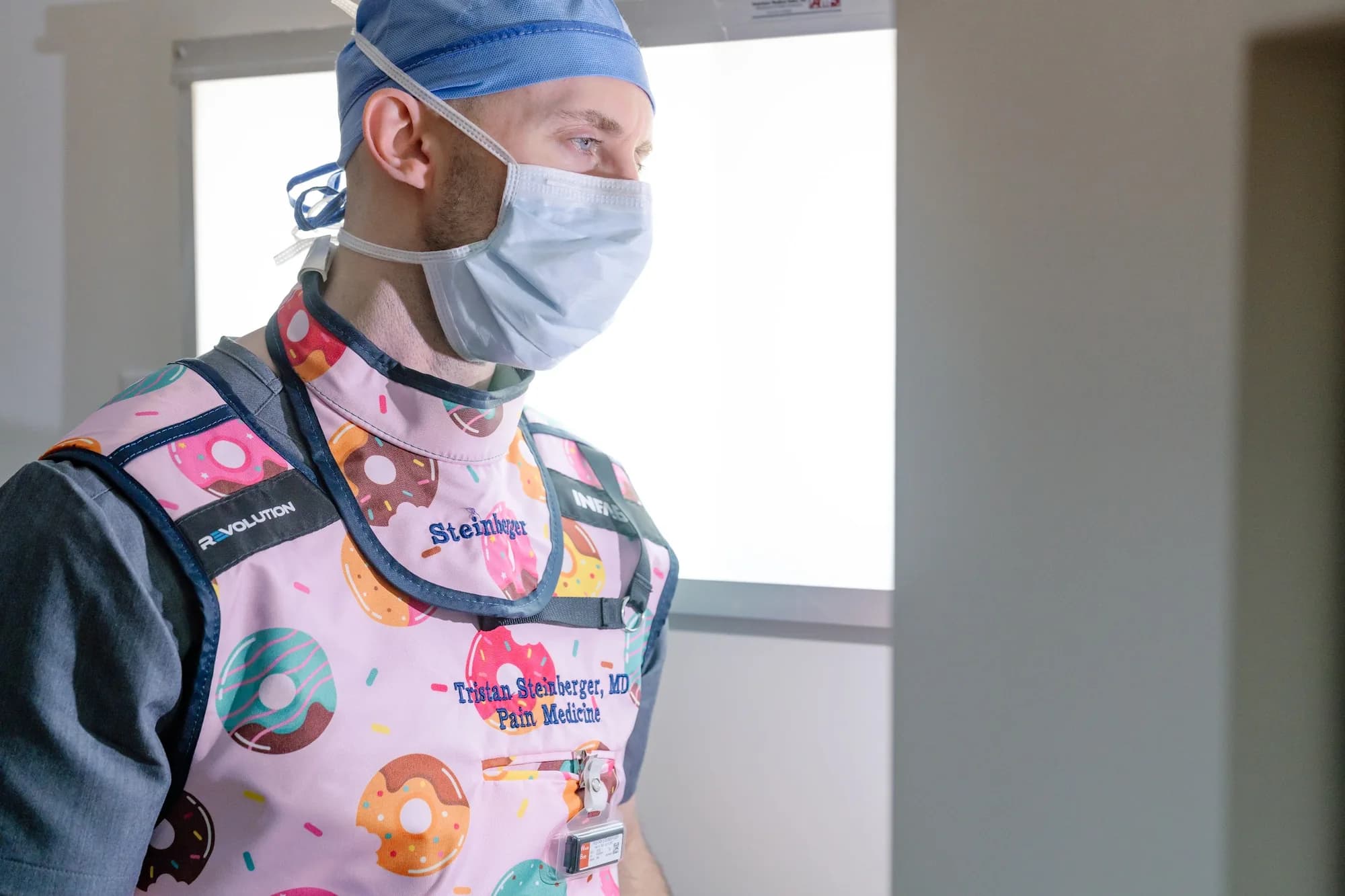 Dr. Steinberger in lead apron performing an image-guided procedure